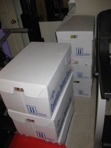 This is what they looked like stacked in my upstairs bedroom.  At that time there were still four more boxes in my garage.  We had lots of books at the beginning of the H4H program.  This bedroom is our exercise room.  We still have space for our tread mill and my wife’s stationary bicycle.  There are still books stored here today.  