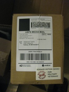 This box is ready to go to the Post Office.  Note the H4H sticker.  The package weighs three pounds and postage costs $3.65.  We use a DYMO label writer for printing and endcia for postage.   And that’s how we roll!! 